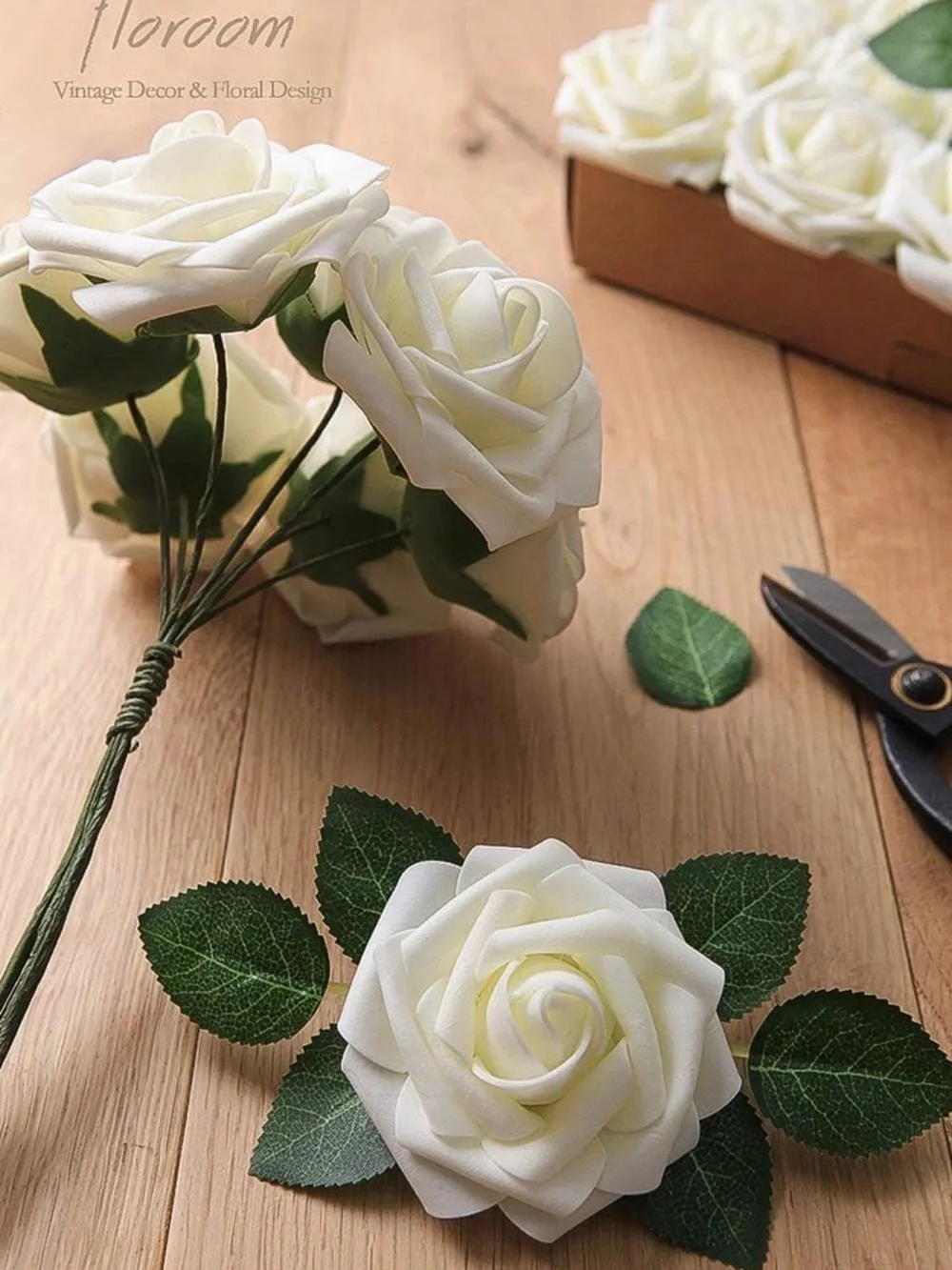 Floroom Artificial Flowers 25pcs Real Looking Ivory Foam Fake Roses with Stem